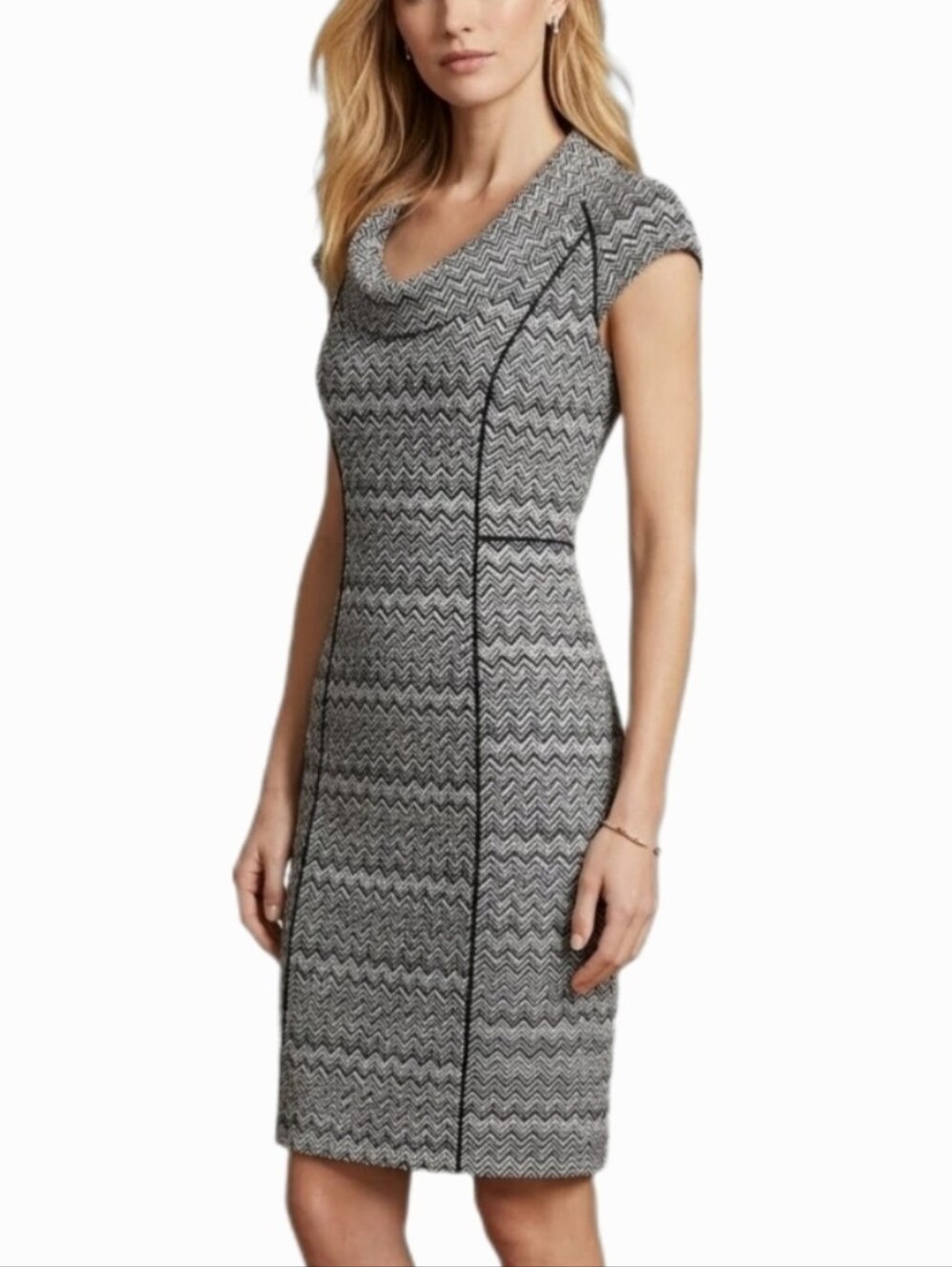 White House Black Market Herringbone Print Cowl Neck Black Size 2